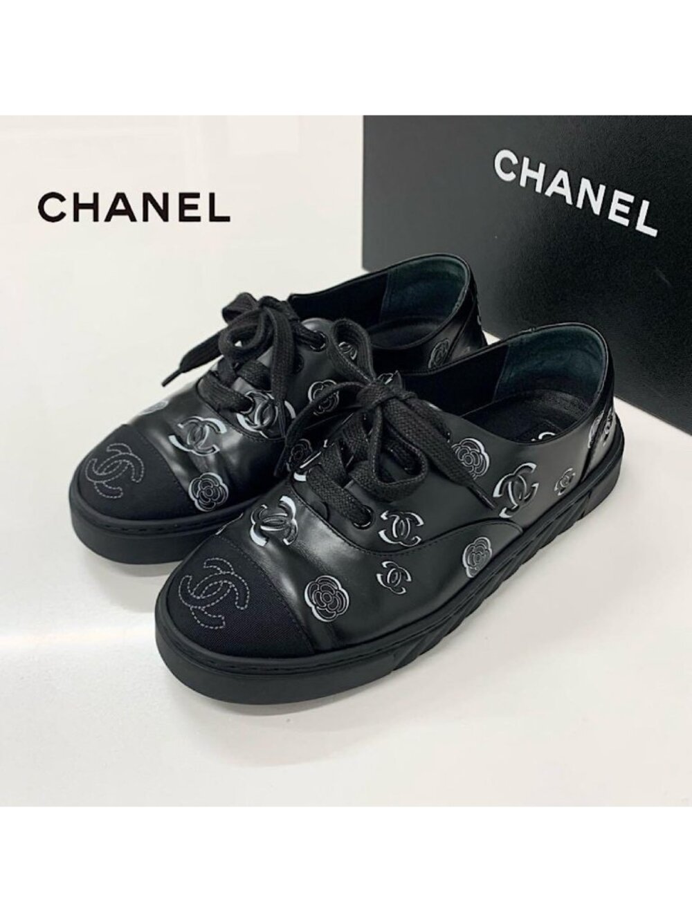 Chanel CC Logo Camellia Leather Fabric Sneakers Black